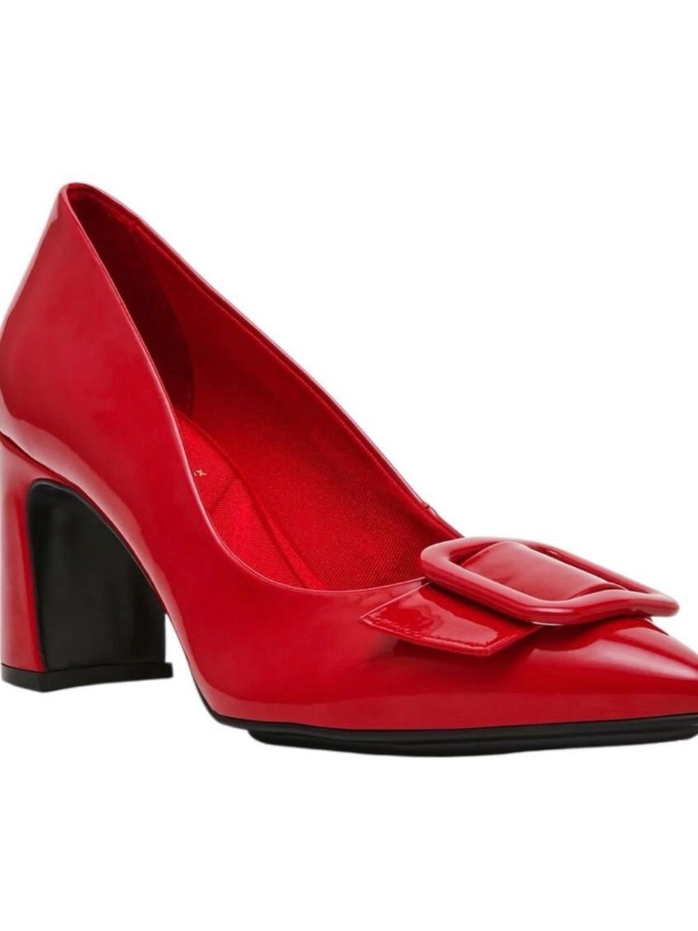 Anne Klein Bentley Block Red Patent Mid Heel Pumps with Decorative Square Buckle